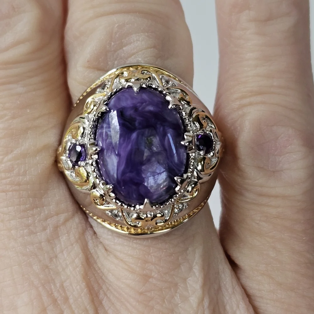 Genuine Charoite & Amethyst Ring Palladium Sterling Silver 18k YG Size 6.5! - Picture 9 of 9